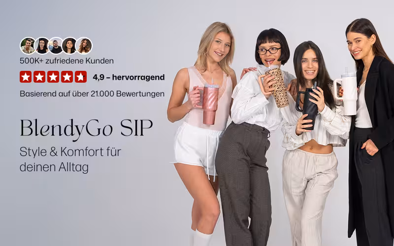 Vier Frauen halten BlendyGo SIP Thermobecher in verschiedenen Farben – Style und Komfort für den Alltag